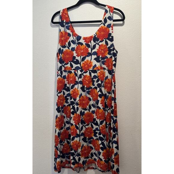 Garnet Hill Women's Size Large Orange Blue Sleeveless Floral Print Dress V Neck - Picture 3 of 7
